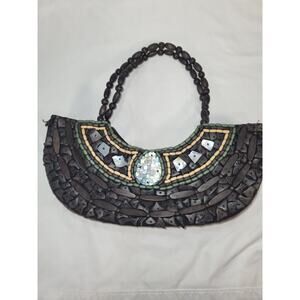 Sun N Sand Womens Wood Beaded Purse Handle/Shell Design/Glass Beads on Outside